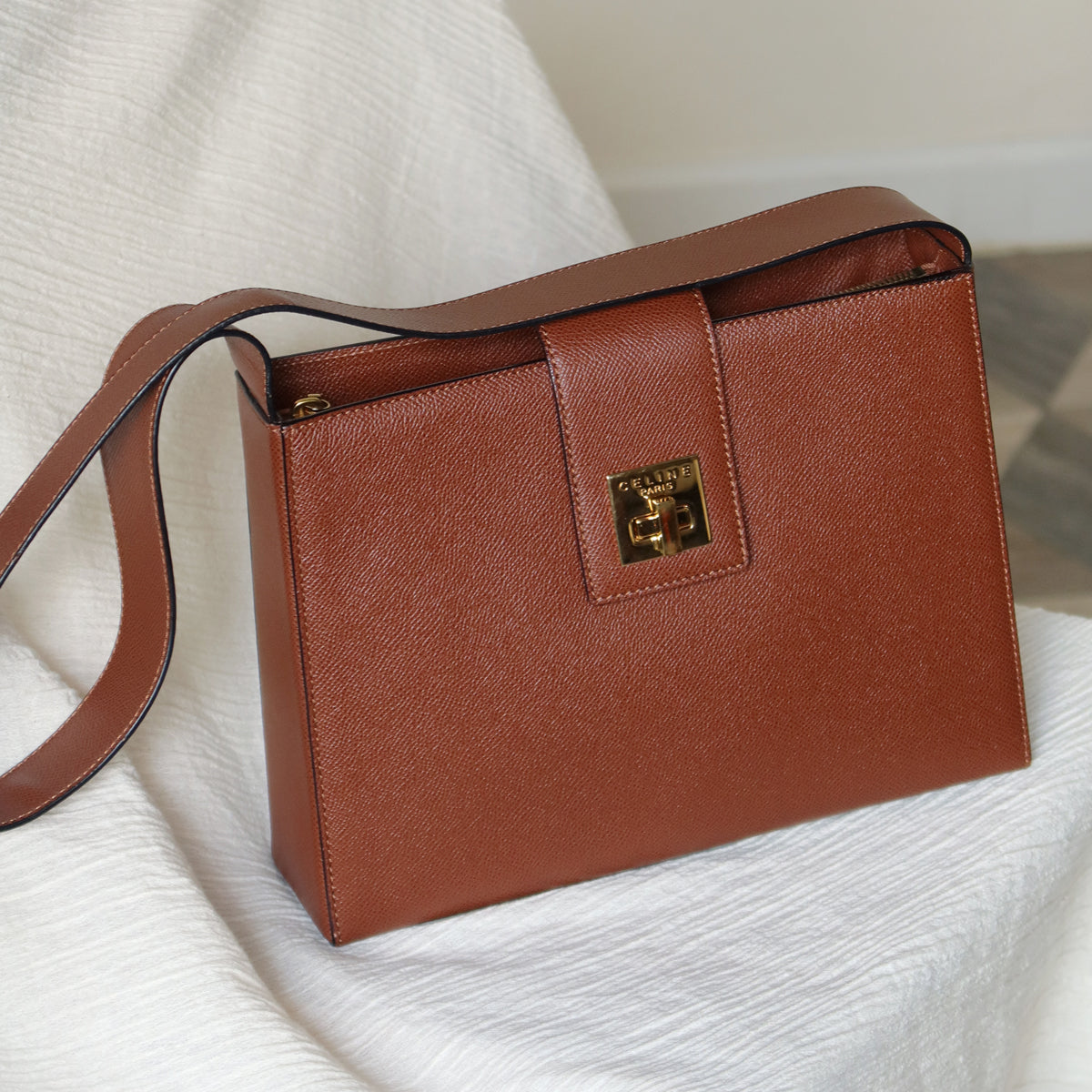 Rare Celine Vintage Cognac Brown Leather Gold Turn lock Shoulder Bag