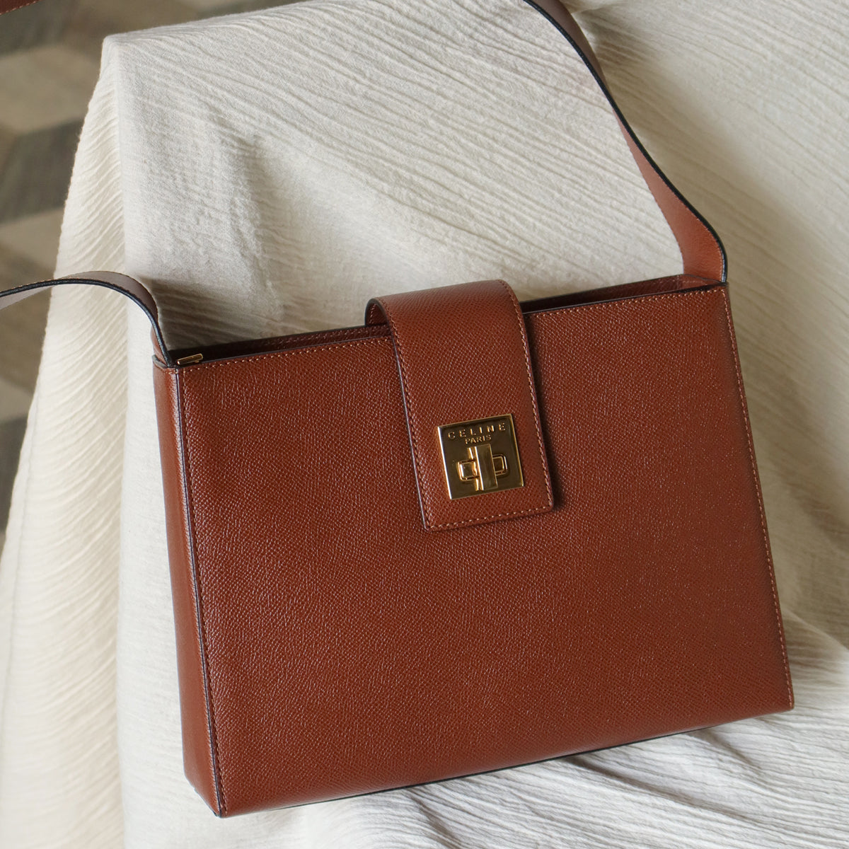 Rare Celine Vintage Cognac Brown Leather Gold Turn lock Shoulder Bag