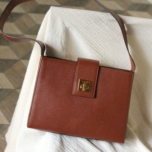 Rare Celine Vintage Cognac Brown Leather Gold Turn lock Shoulder Bag
