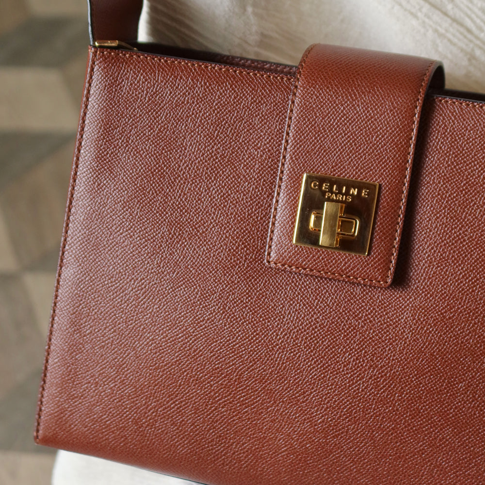Rare Celine Vintage Cognac Brown Leather Gold Turn lock Shoulder Bag