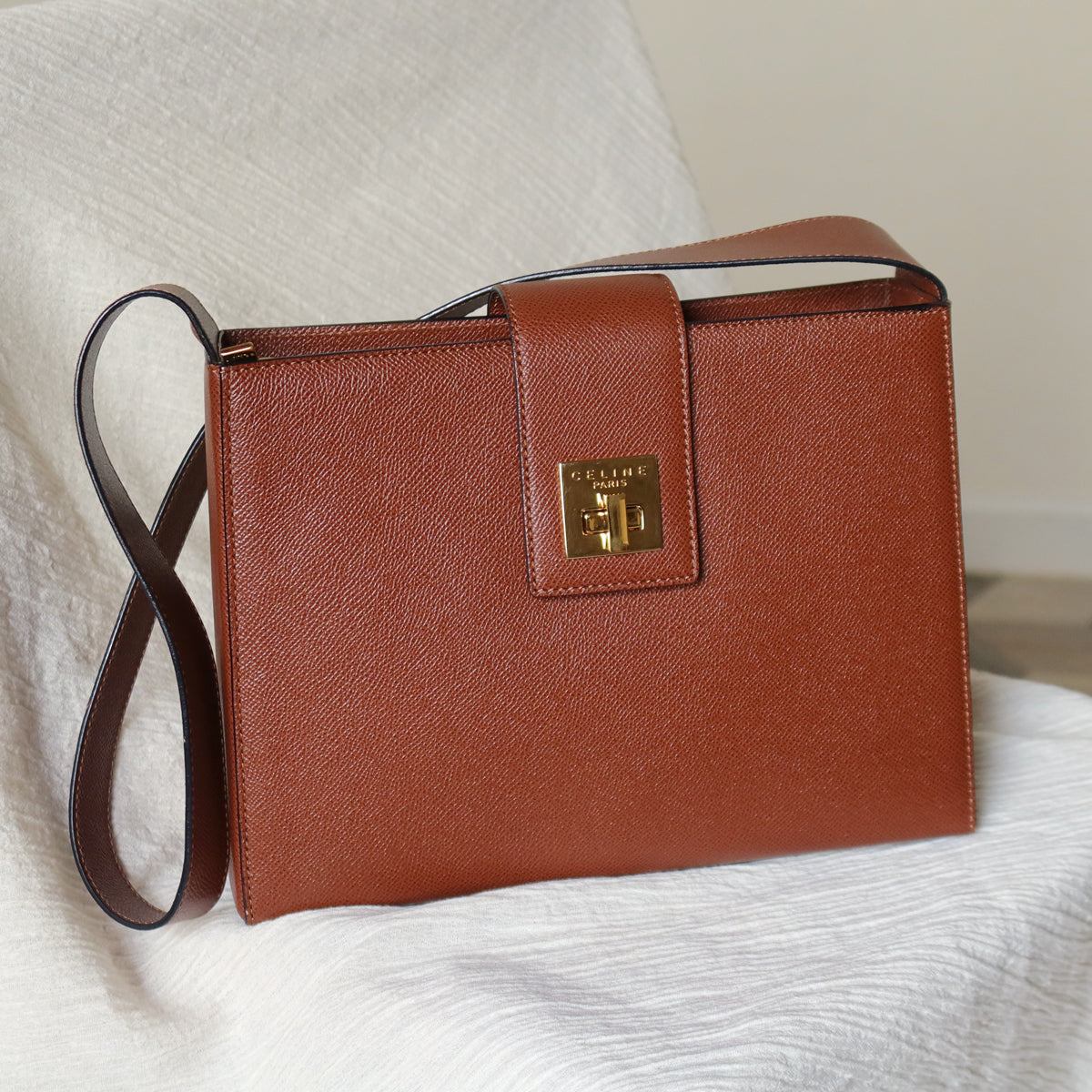 Rare Celine Vintage Cognac Brown Leather Gold Turn lock Shoulder Bag