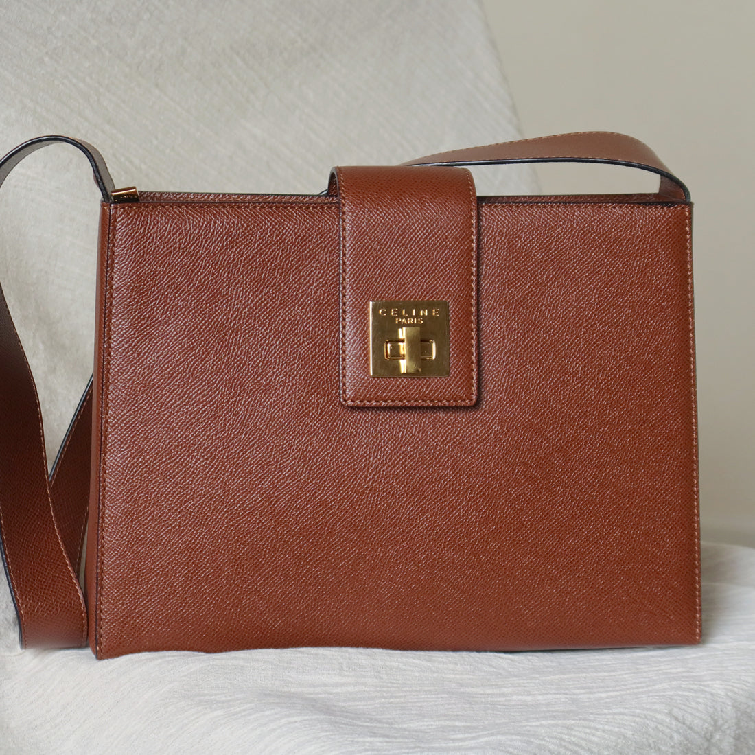 Rare Celine Vintage Cognac Brown Leather Gold Turn lock Shoulder Bag