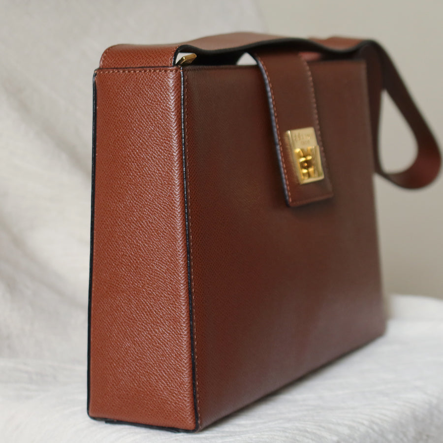 Rare Celine Vintage Cognac Brown Leather Gold Turn lock Shoulder Bag