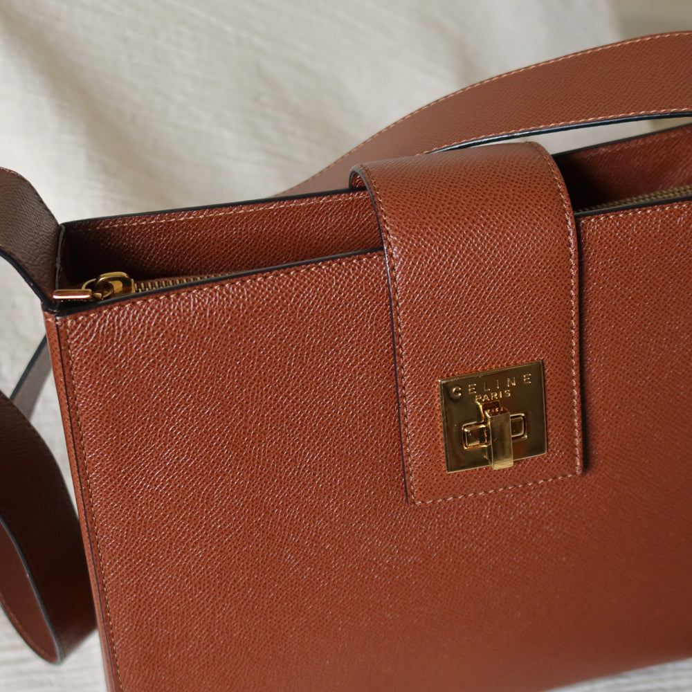 Rare Celine Vintage Cognac Brown Leather Gold Turn lock Shoulder Bag