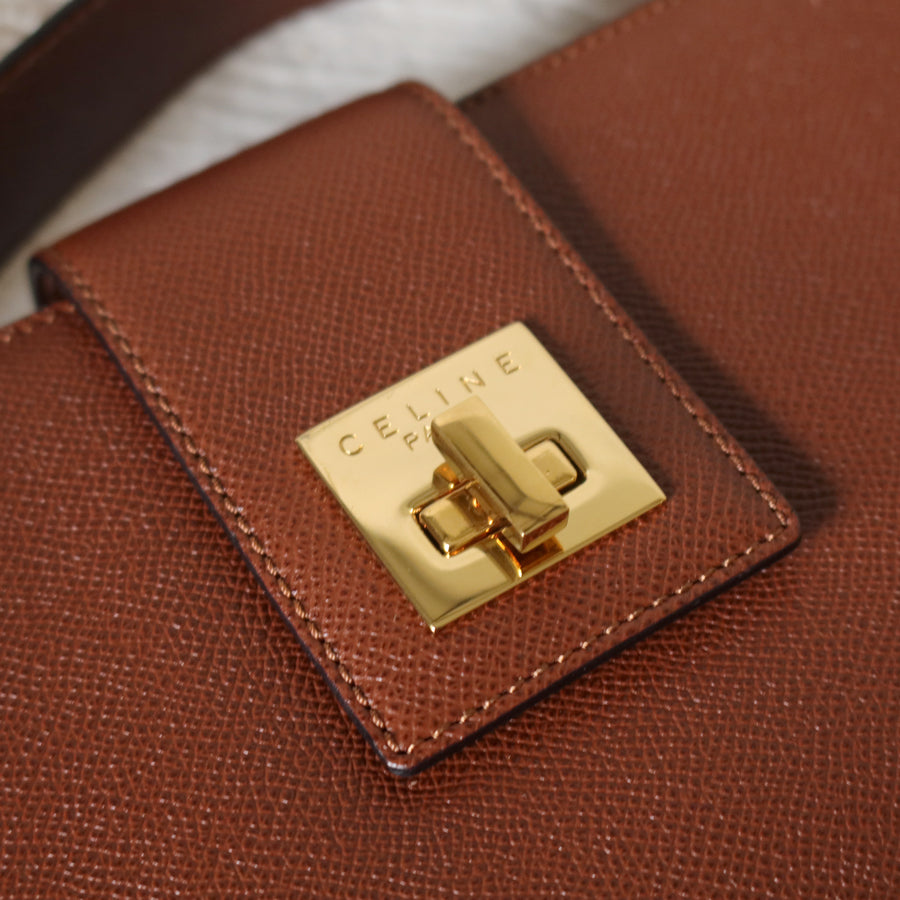 Rare Celine Vintage Cognac Brown Leather Gold Turn lock Shoulder Bag