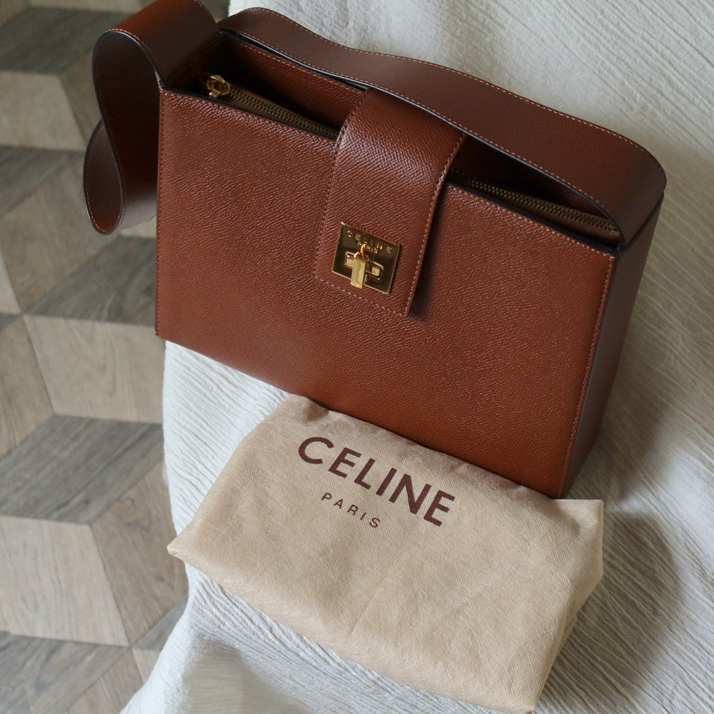 Rare Celine Vintage Cognac Brown Leather Gold Turn lock Shoulder Bag