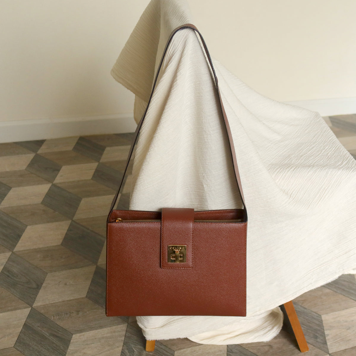 Rare Celine Vintage Cognac Brown Leather Gold Turn lock Shoulder Bag