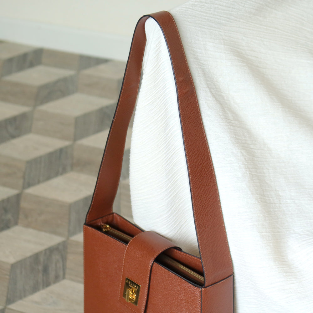 Rare Celine Vintage Cognac Brown Leather Gold Turn lock Shoulder Bag