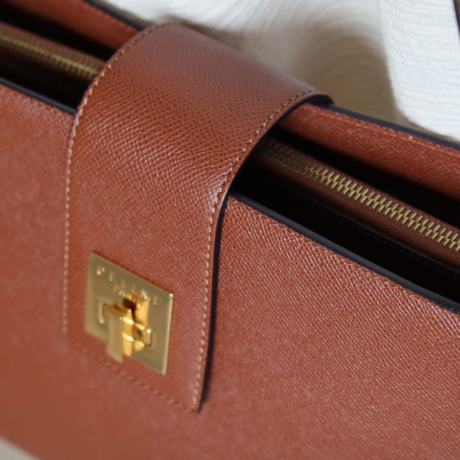 Rare Celine Vintage Cognac Brown Leather Gold Turn lock Shoulder Bag