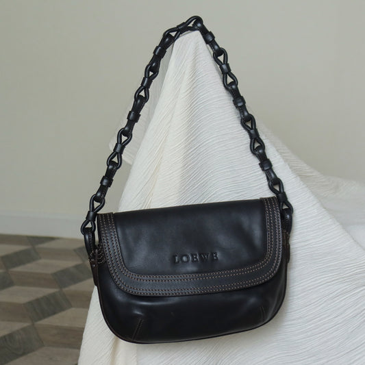 Loewe Vintage Black Leather Knot Link Strap Anagram Shoulder Flap Bag