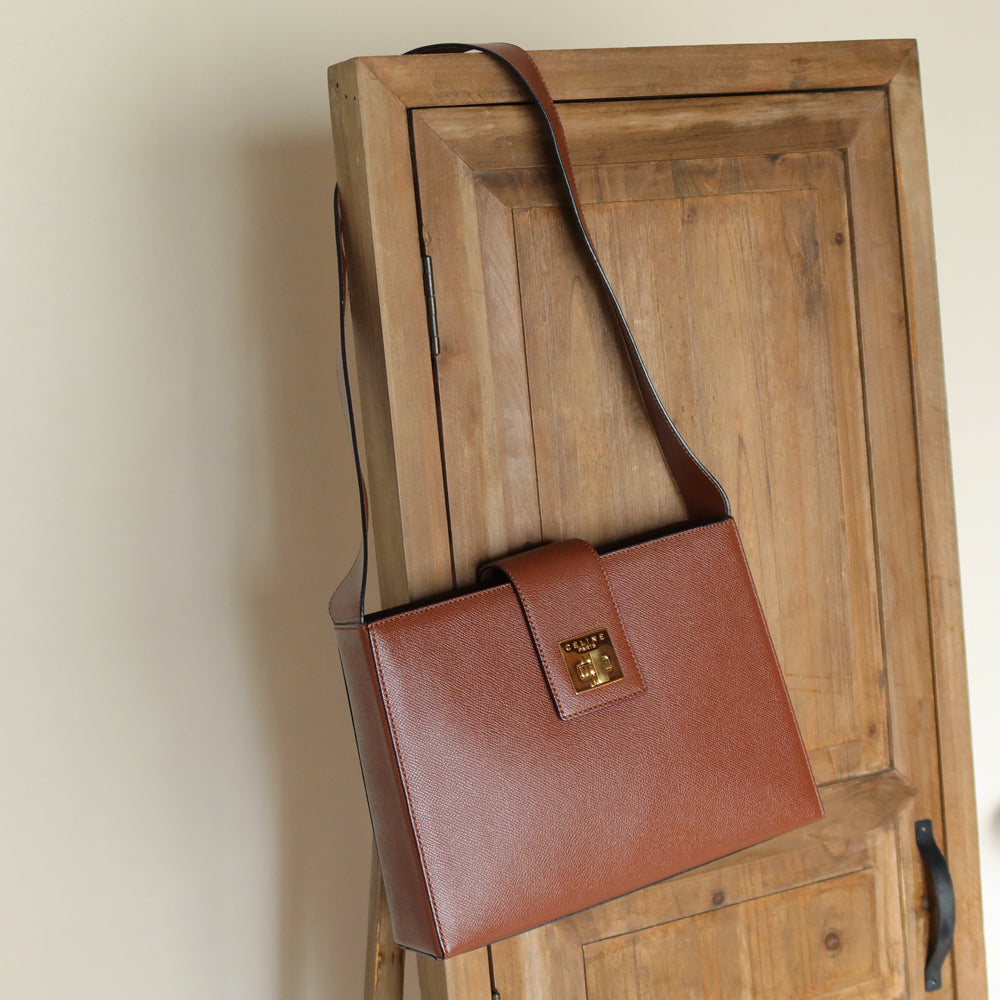 Rare Celine Vintage Cognac Brown Leather Gold Turn lock Shoulder Bag