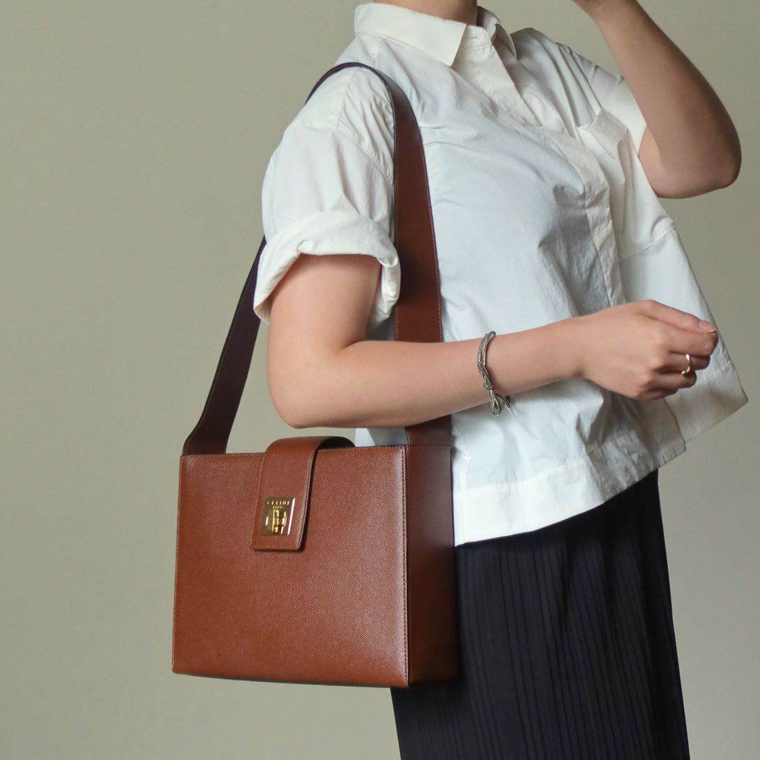 Rare Celine Vintage Cognac Brown Leather Gold Turn lock Shoulder Bag