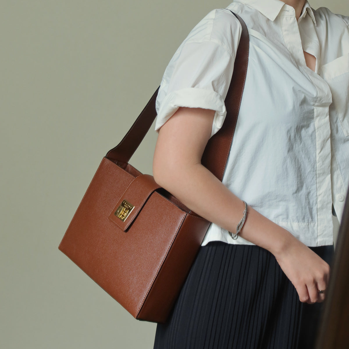 Rare Celine Vintage Cognac Brown Leather Gold Turn lock Shoulder Bag