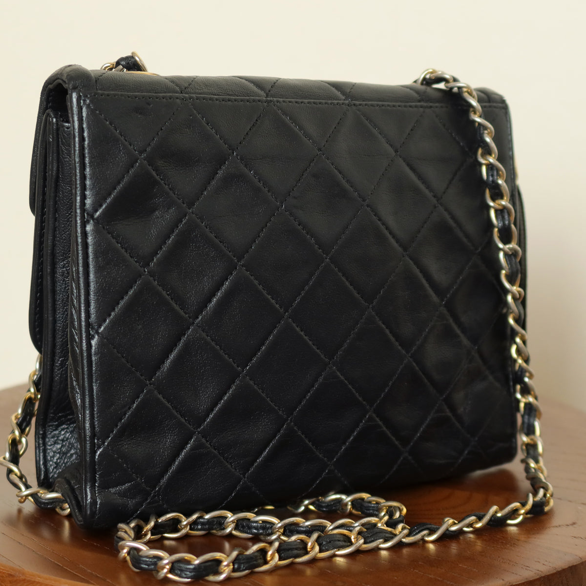 Chanel Vintage Black Lambskin Gold Tassel Asymmetrical Double Flap Bag S