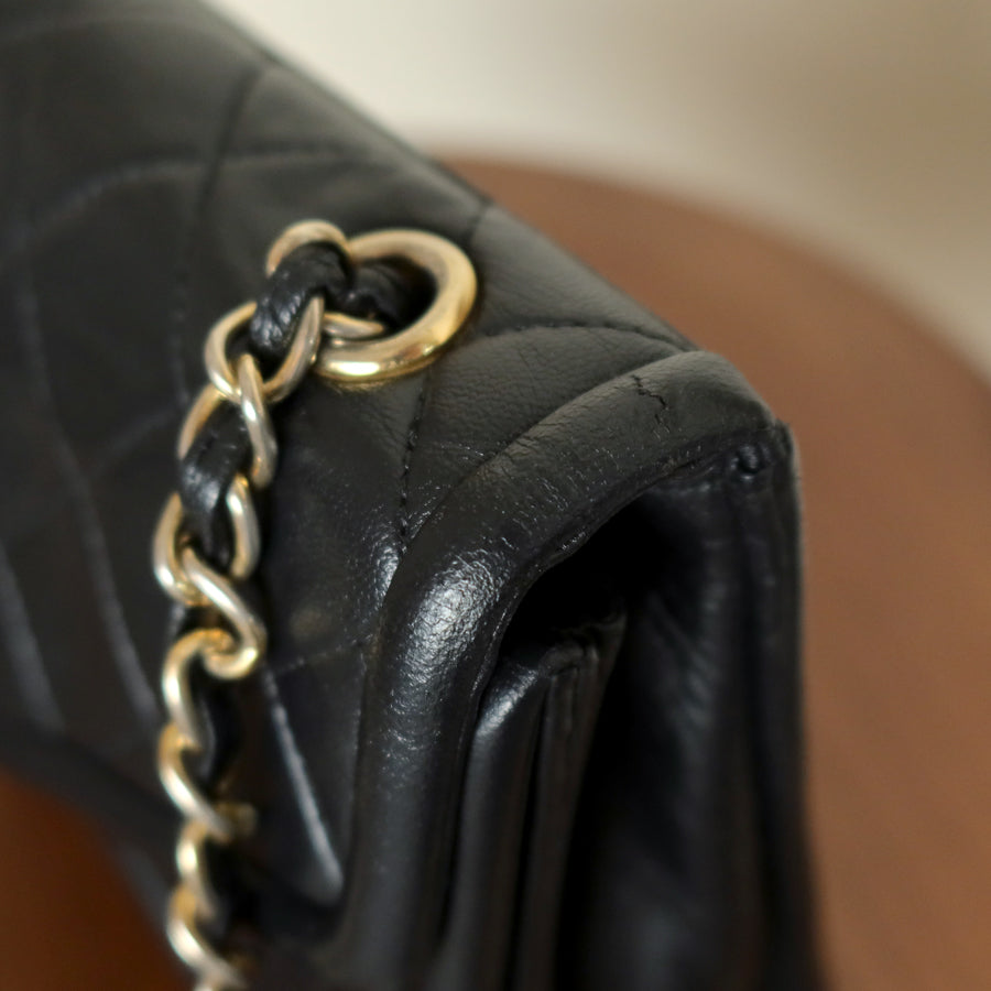 Chanel Vintage Black Lambskin Gold Tassel Asymmetrical Double Flap Bag S