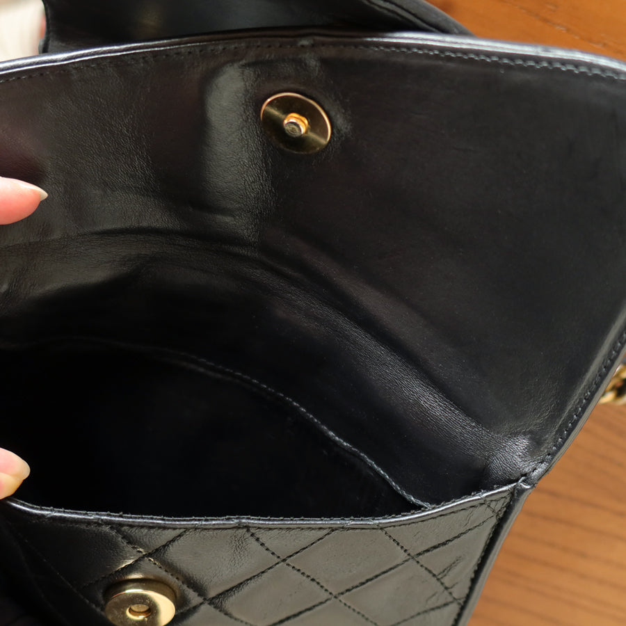 Chanel Vintage Black Lambskin Gold Tassel Asymmetrical Double Flap Bag S