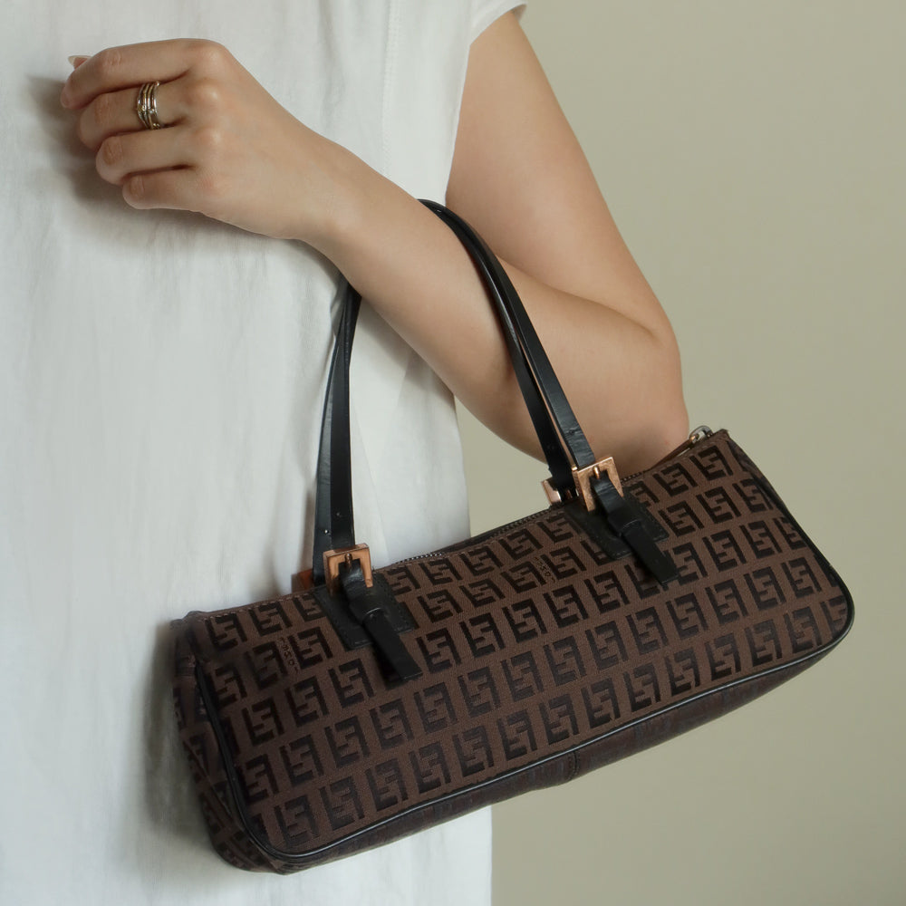 Fendi Vintage Brown Black Zucchino East-West Leather Hand Bag