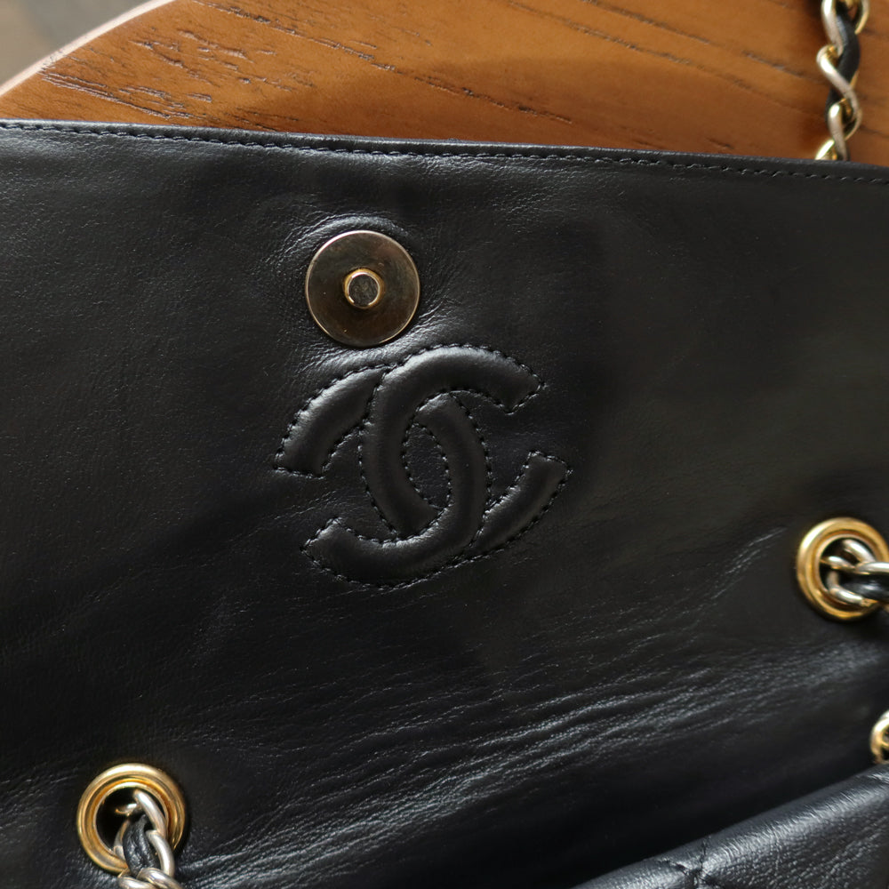 Chanel Vintage Black Lambskin Gold Tassel Asymmetrical Double Flap Bag S