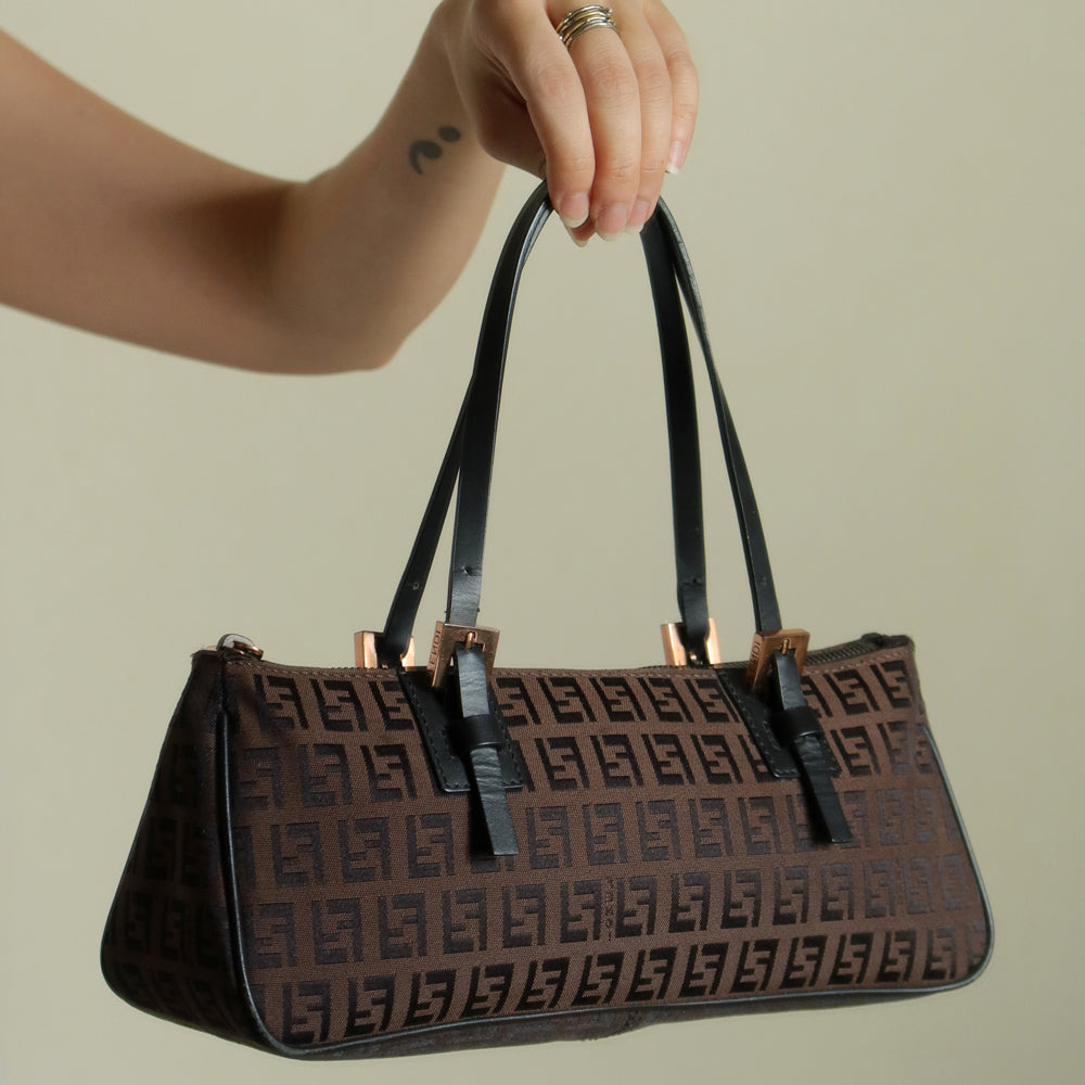 Fendi Vintage Brown Black Zucchino East-West Leather Hand Bag
