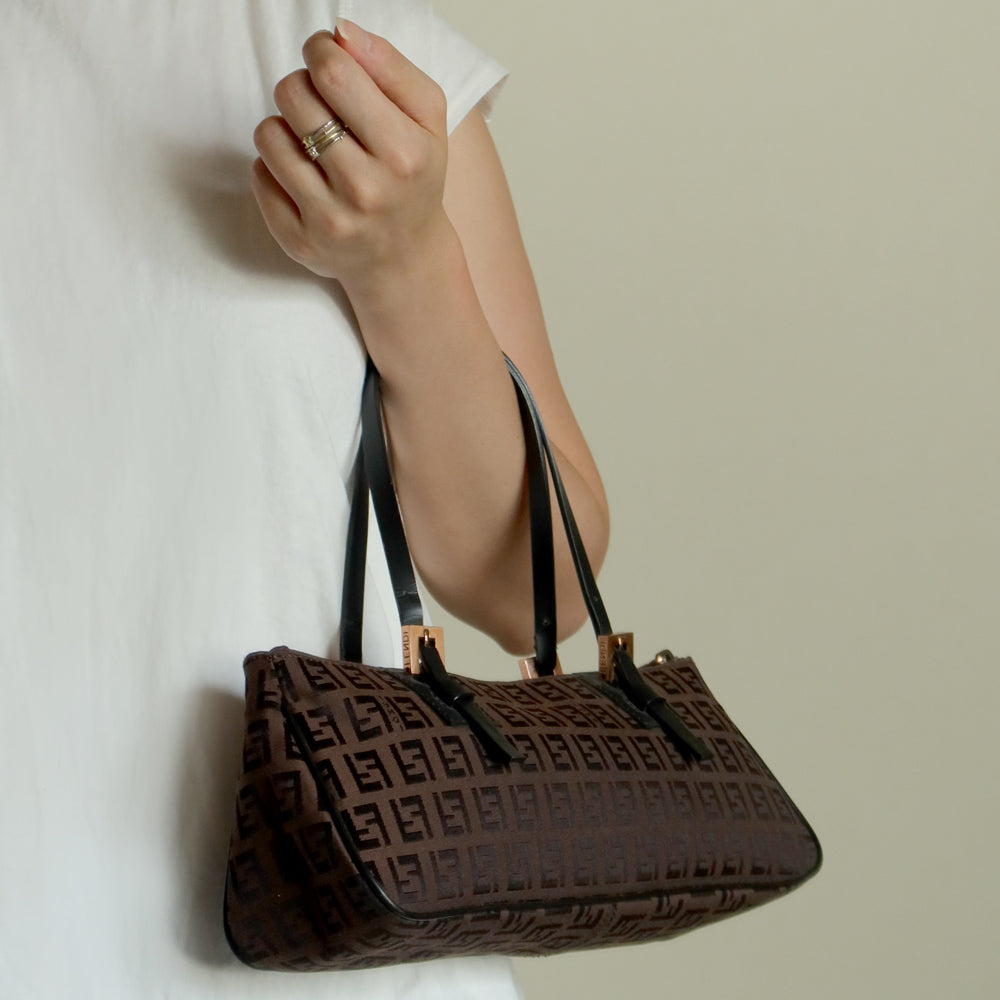 Fendi Vintage Brown Black Zucchino East-West Leather Hand Bag