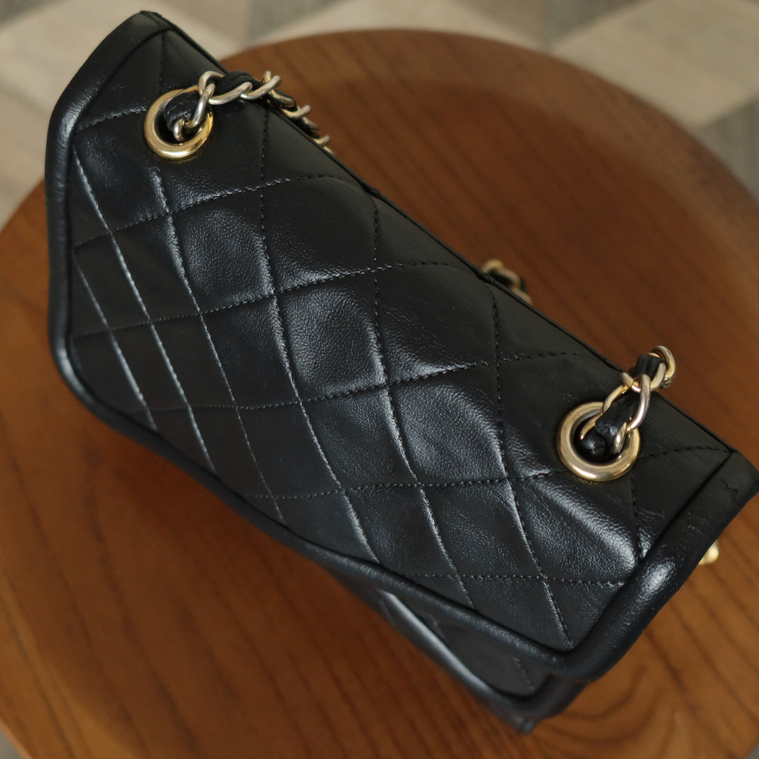 Chanel Vintage Black Lambskin Gold Tassel Asymmetrical Double Flap Bag S