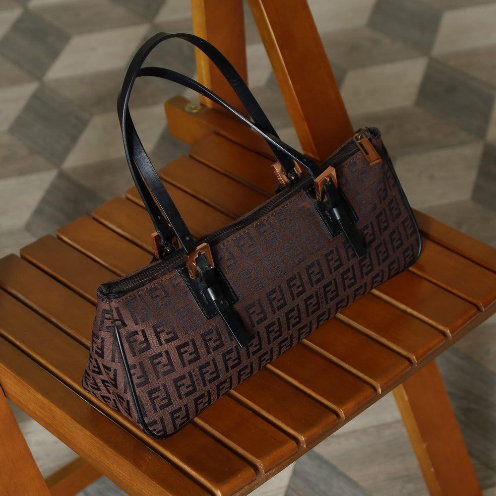 Fendi Vintage Brown Black Zucchino East-West Leather Hand Bag