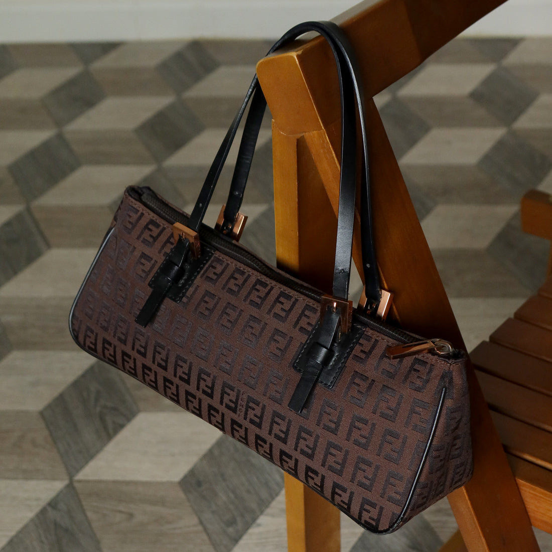 Fendi Vintage Brown Black Zucchino East-West Leather Hand Bag