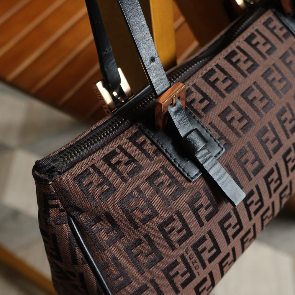 Fendi Vintage Brown Black Zucchino East-West Leather Hand Bag
