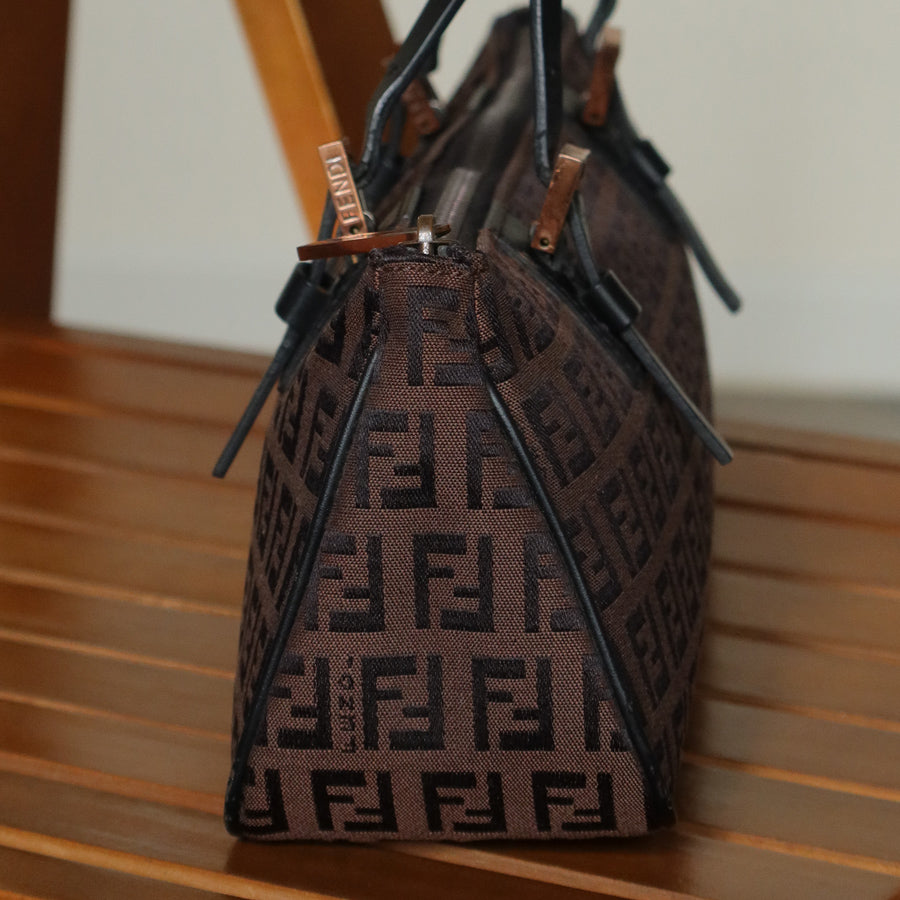Fendi Vintage Brown Black Zucchino East-West Leather Hand Bag