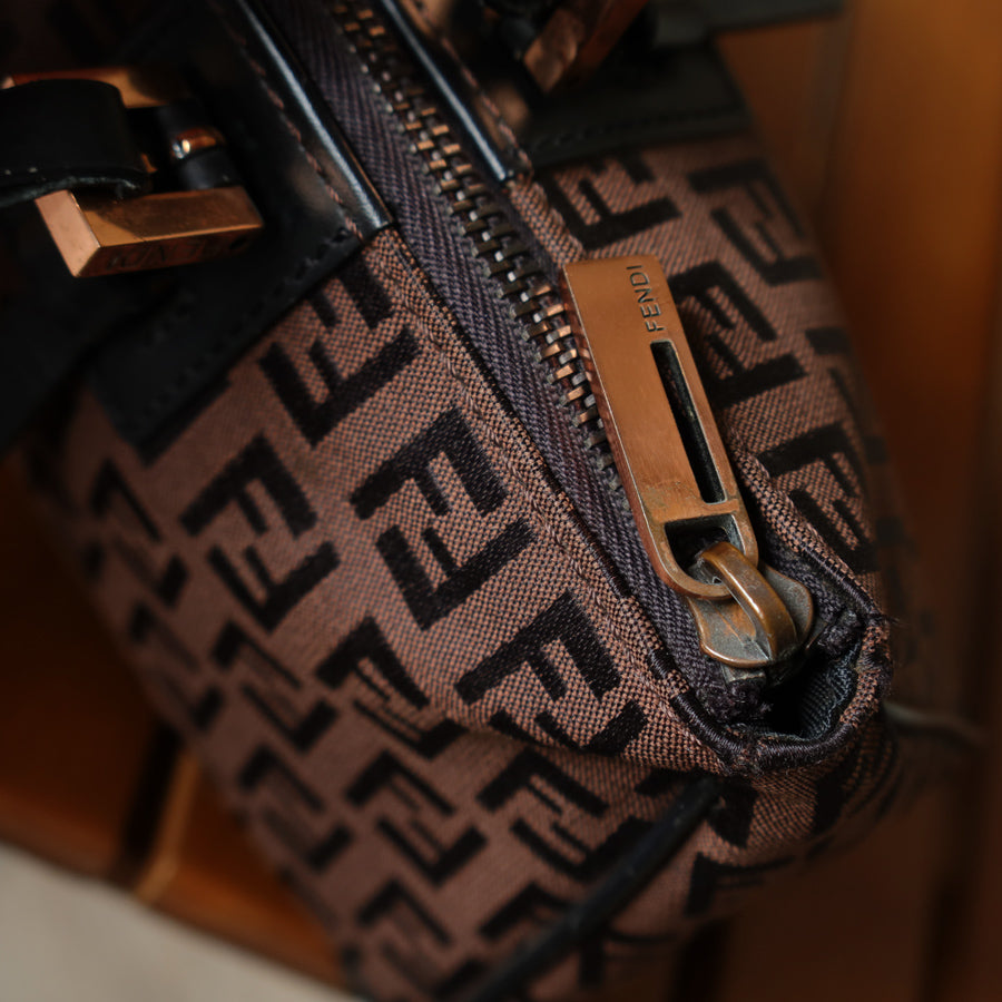 Fendi Vintage Brown Black Zucchino East-West Leather Hand Bag
