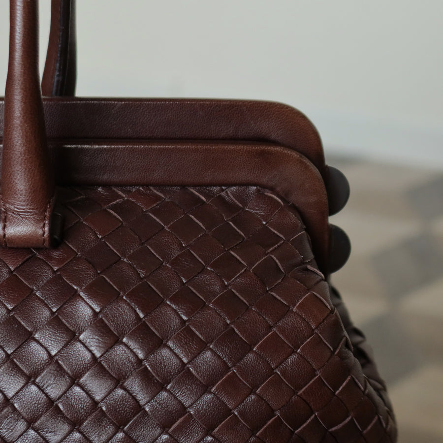 Bottega Veneta Vintage Dark Brown Intrecciato Kiss Lock East West Shoulder Bag