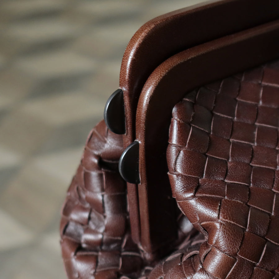 Bottega Veneta Vintage Dark Brown Intrecciato Kiss Lock East West Shoulder Bag