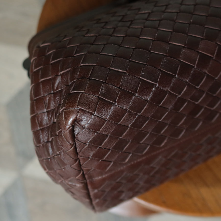 Bottega Veneta Vintage Dark Brown Intrecciato Kiss Lock East West Shoulder Bag