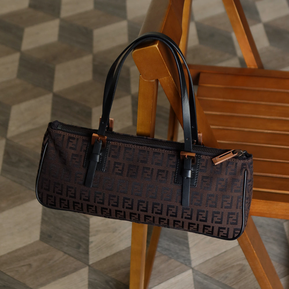 Fendi Vintage Brown Black Zucchino East-West Leather Hand Bag