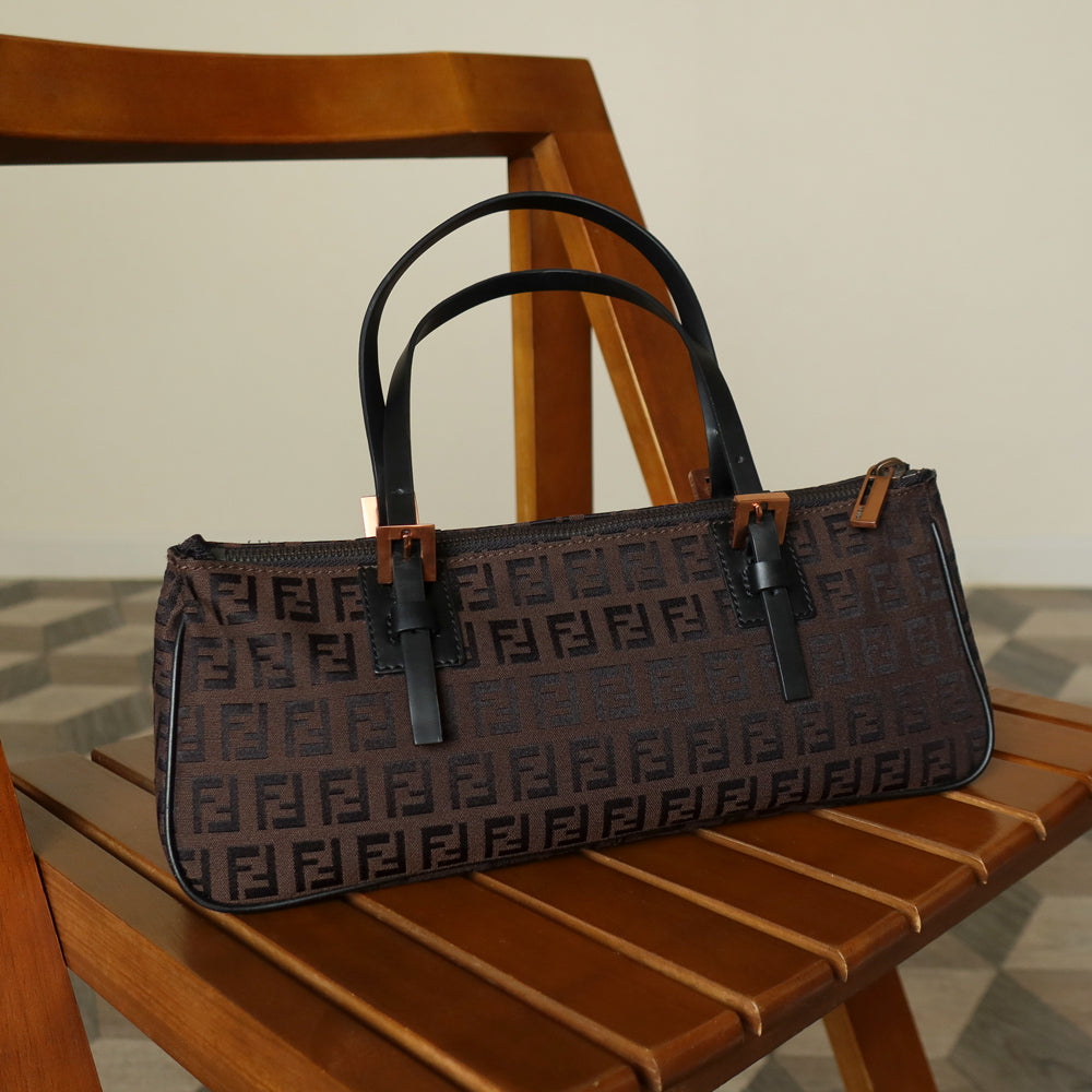 Fendi Vintage Brown Black Zucchino East-West Leather Hand Bag