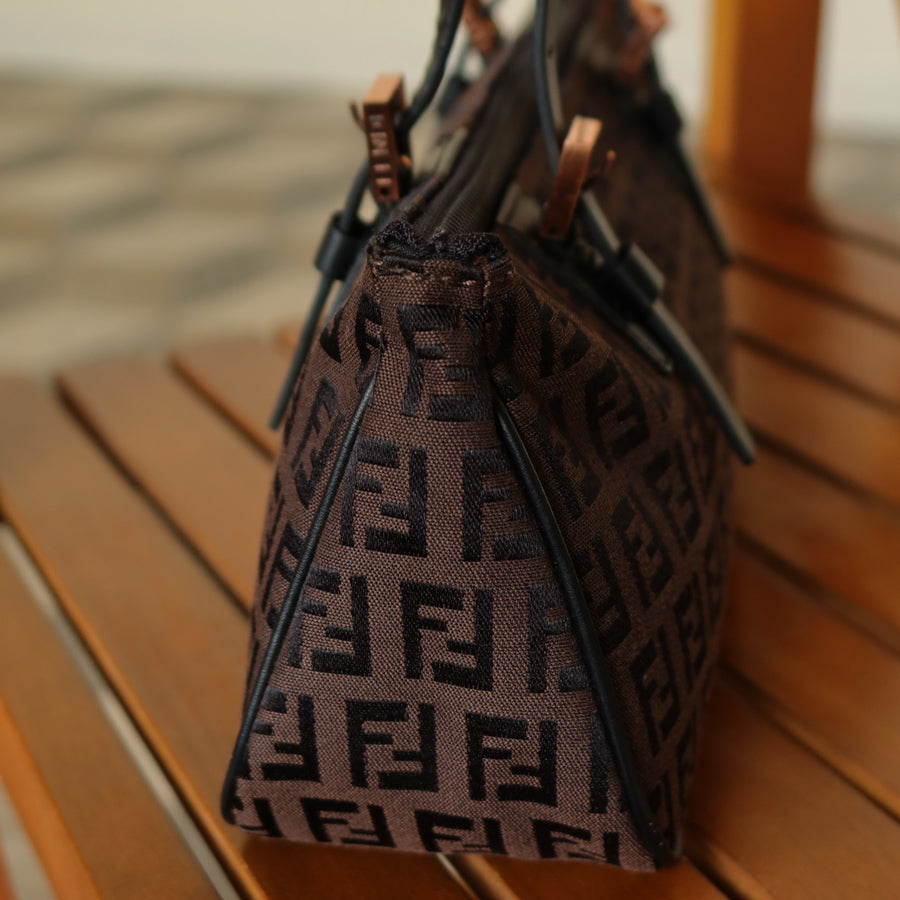 Fendi Vintage Brown Black Zucchino East-West Leather Hand Bag