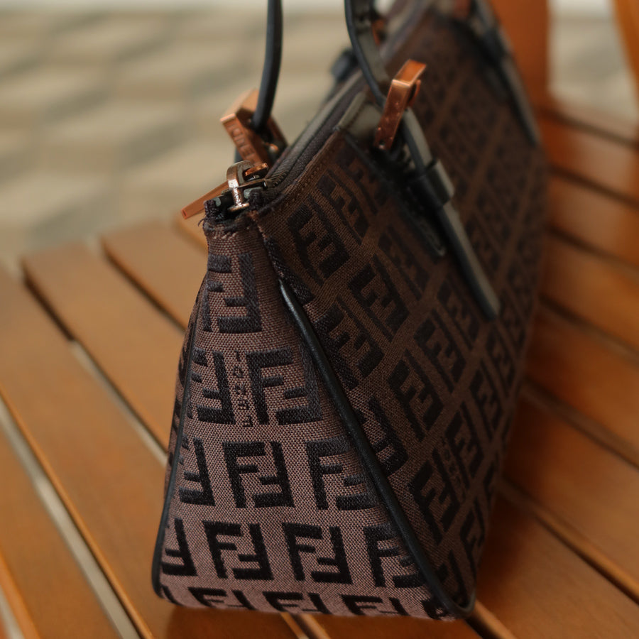 Fendi Vintage Brown Black Zucchino East-West Leather Hand Bag