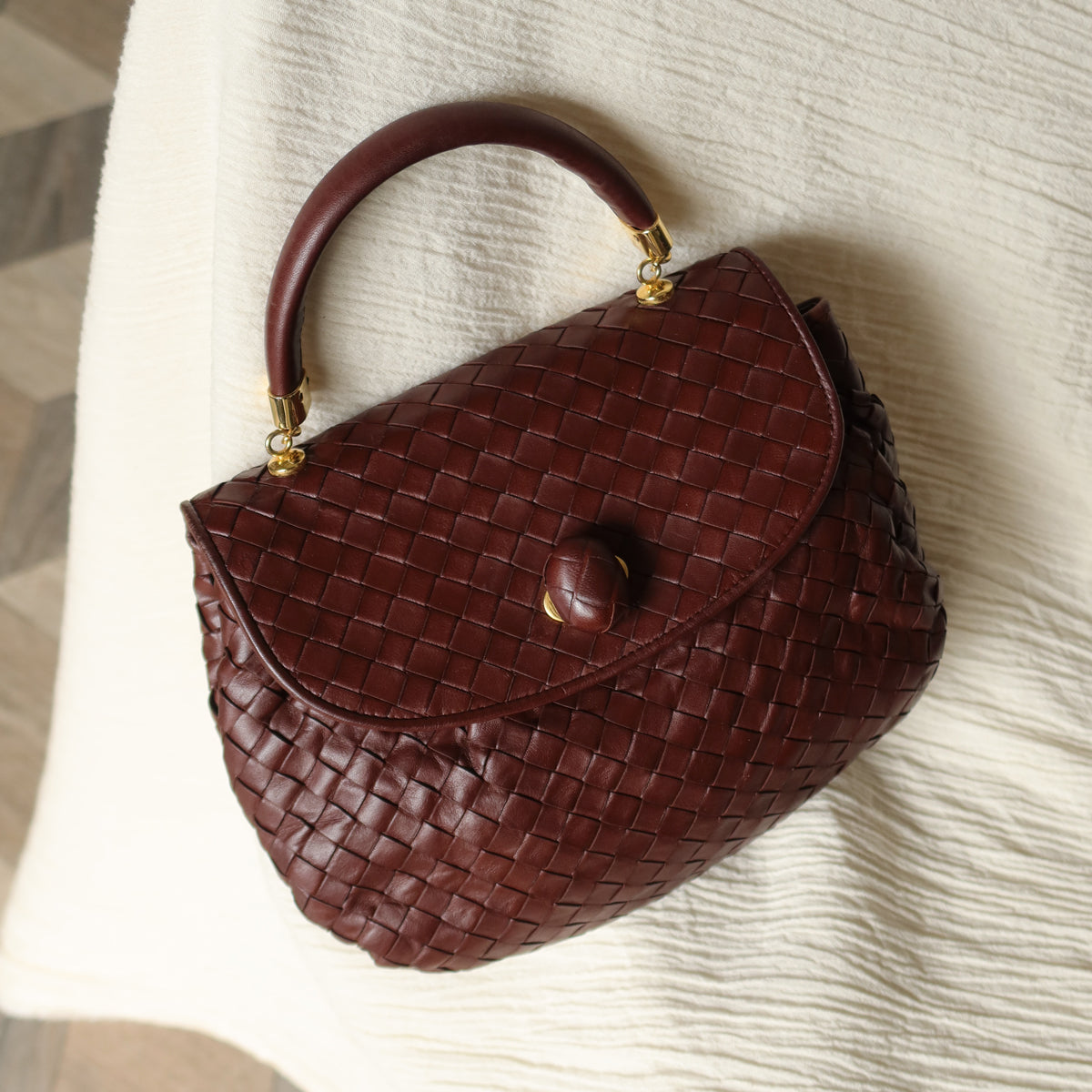 Bottega Veneta Vintage Dark Brown Intrecciato Weave Turn Lock 2way Shoulder Bag