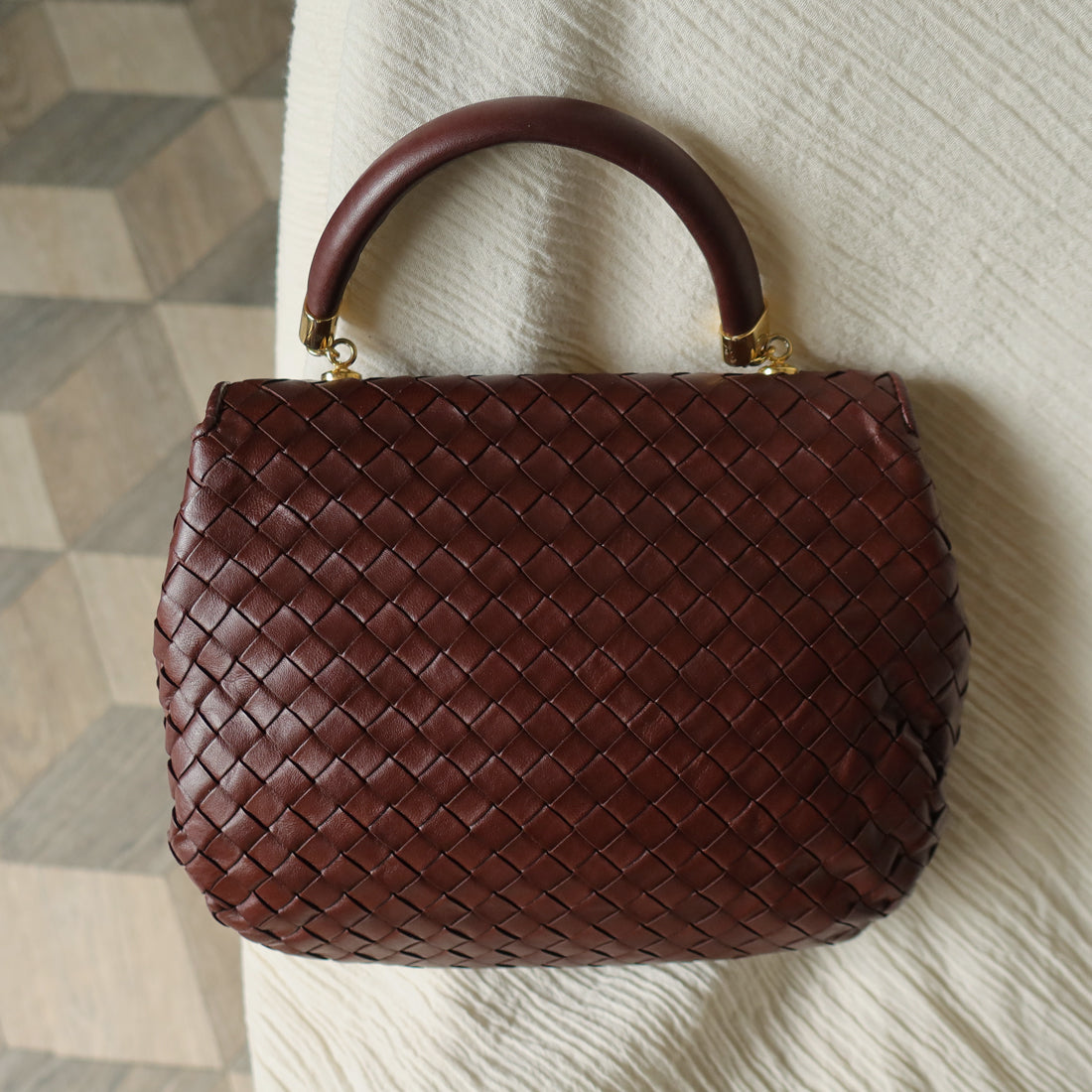 Bottega Veneta Vintage Dark Brown Intrecciato Weave Turn Lock 2way Shoulder Bag
