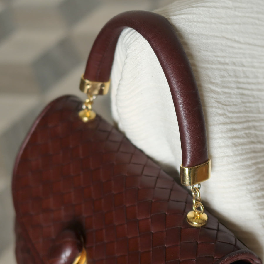 Bottega Veneta Vintage Dark Brown Intrecciato Weave Turn Lock 2way Shoulder Bag