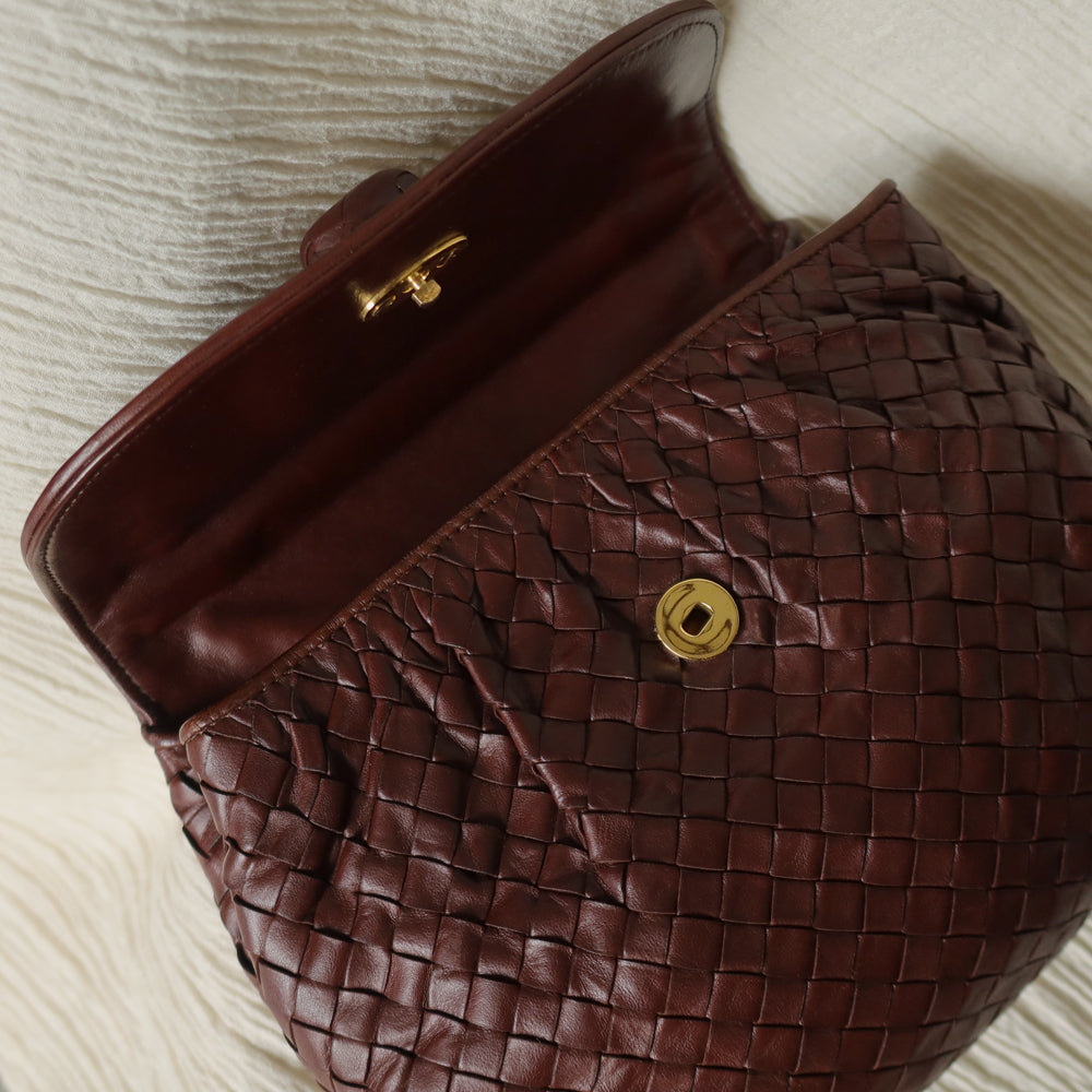 Bottega Veneta Vintage Dark Brown Intrecciato Weave Turn Lock 2way Shoulder Bag