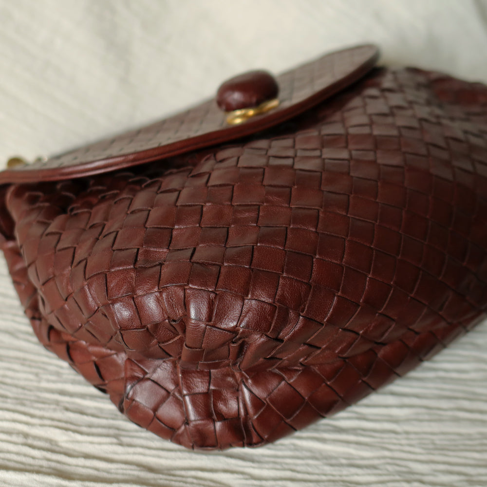 Bottega Veneta Vintage Dark Brown Intrecciato Weave Turn Lock 2way Shoulder Bag