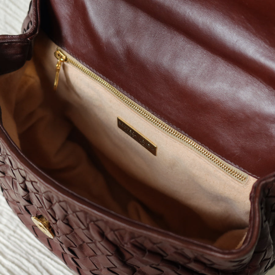 Bottega Veneta Vintage Dark Brown Intrecciato Weave Turn Lock 2way Shoulder Bag