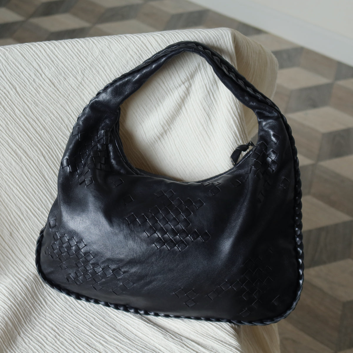 Bottega Veneta Vintage Black Patchy Intrecciato Weave Medium Hobo Shoulder Bag
