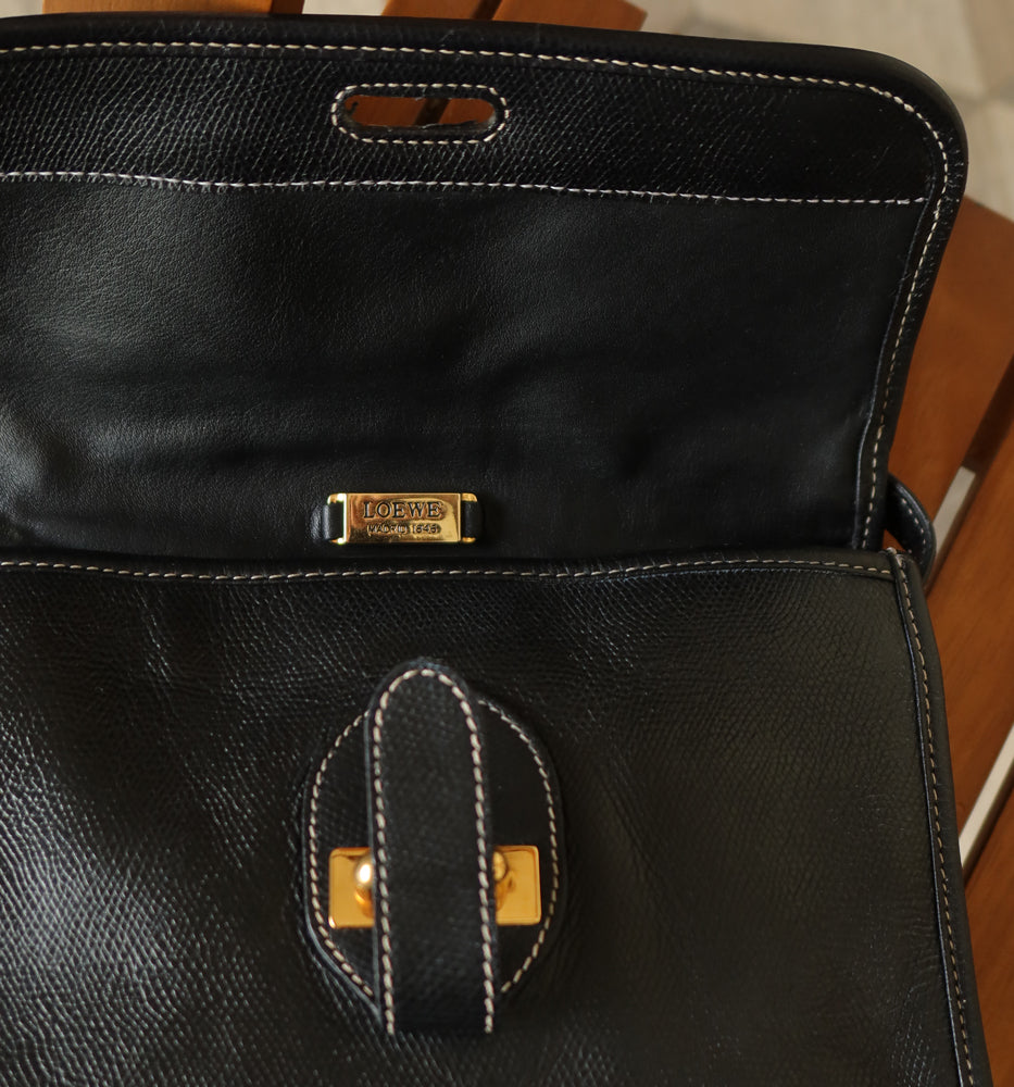 Loewe Vintage Black Grained Leather Anagram Crossbody Flap Bag