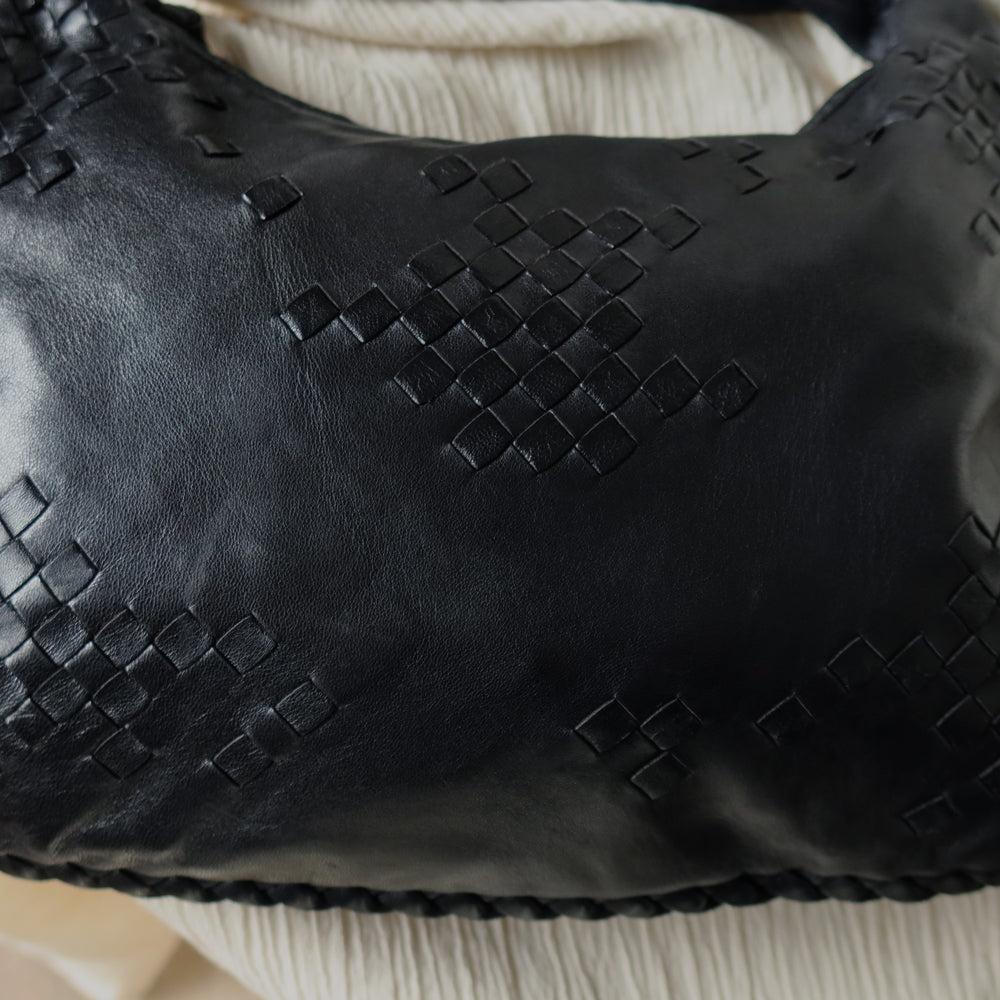 Bottega Veneta Vintage Black Patchy Intrecciato Weave Medium Hobo Shoulder Bag