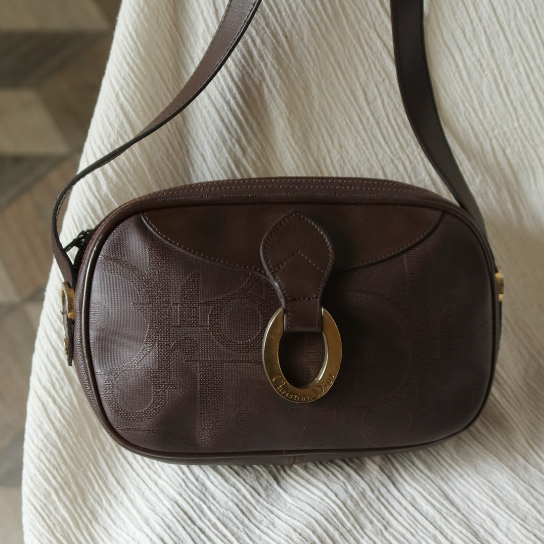 Christian Dior Vintage Dark Brown Trotter Monogram Gold Ring Oval Crossbody Bag