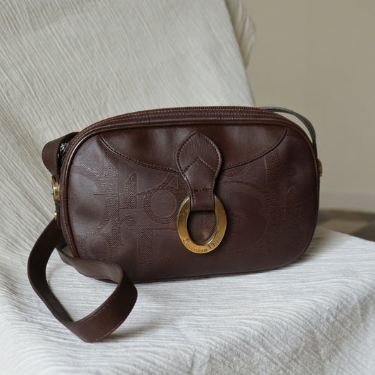 Christian Dior Vintage Dark Brown Trotter Monogram Gold Ring Oval Crossbody Bag