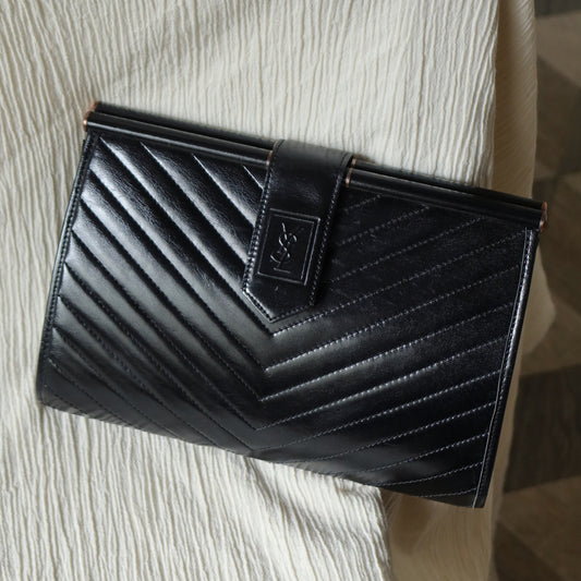 YSL Saint Laurent Vintage Black Leather V Chevron Flap Clutch Bag