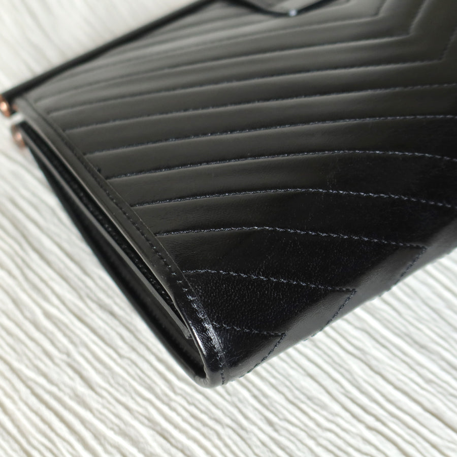 YSL Saint Laurent Vintage Black Leather V Chevron Flap Clutch Bag